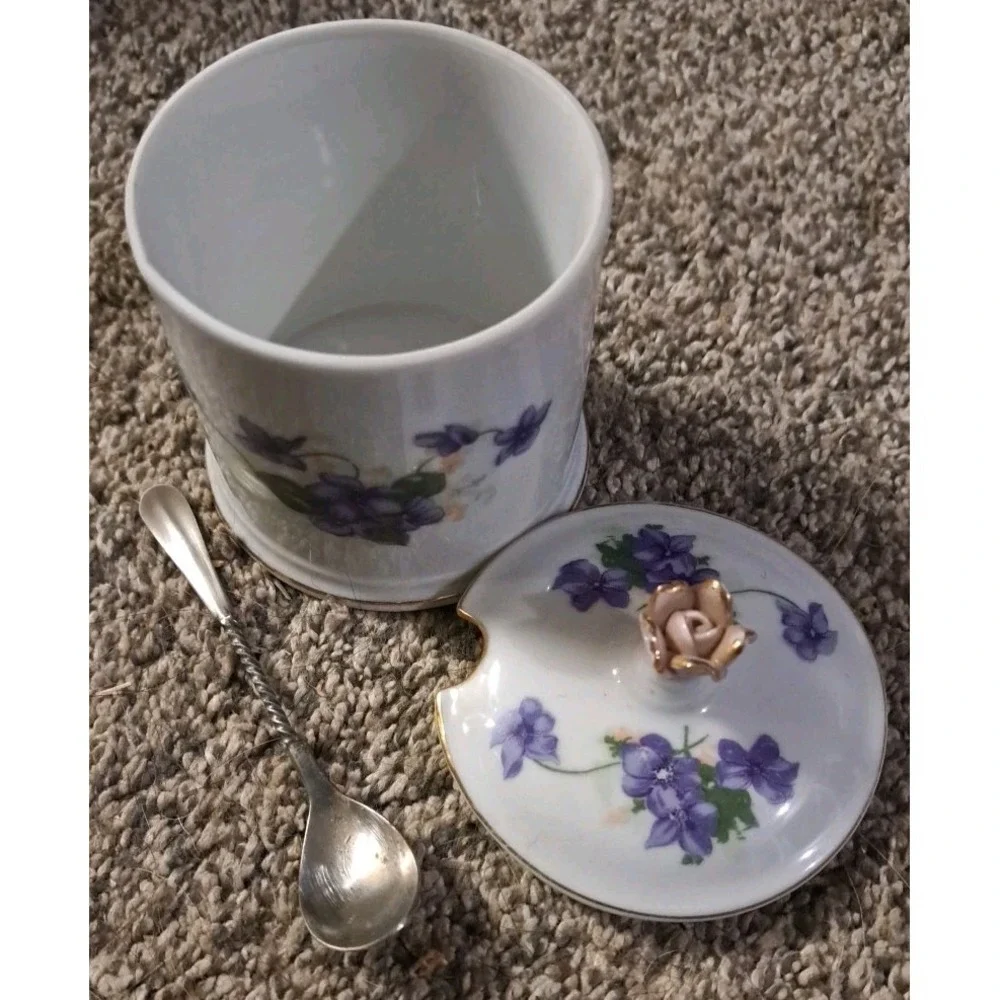 Vtg 2 PC Bond Ware L&M Jam J We ll Condiment Jar‎ W Lid W Serving Spoon Violets